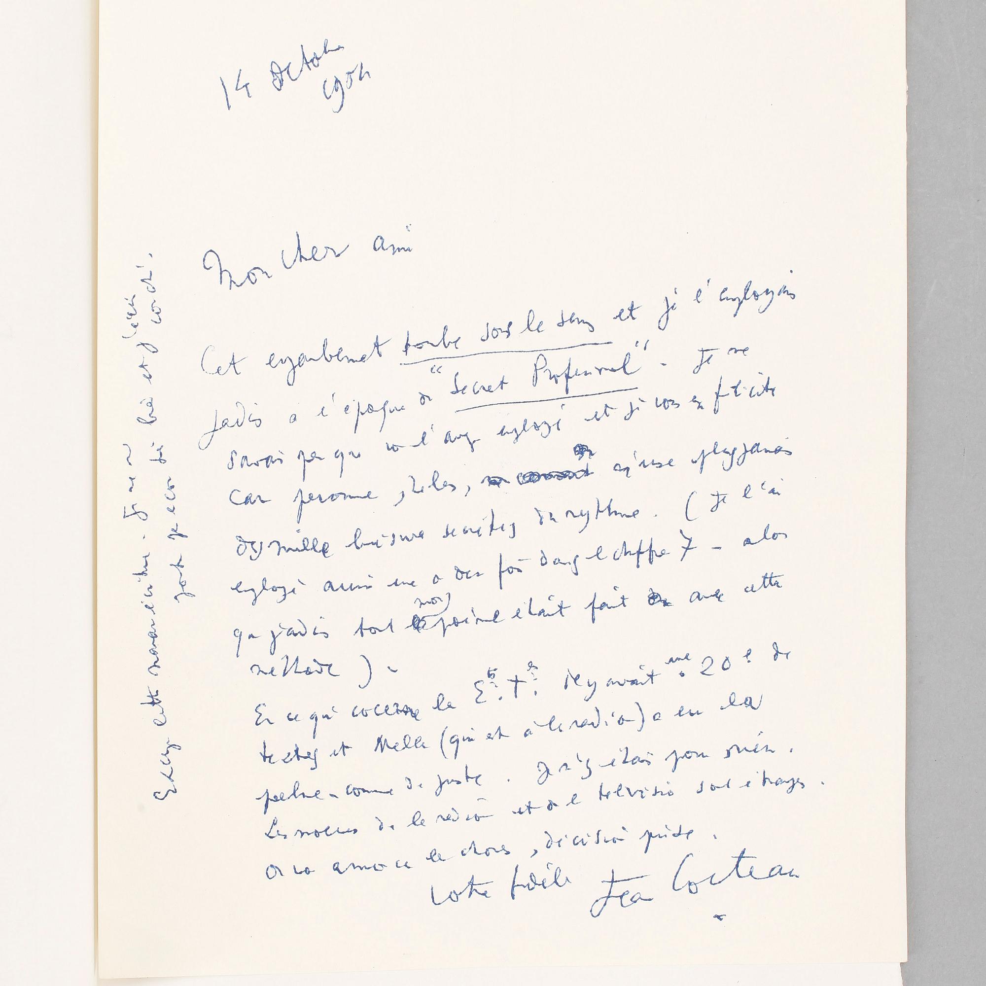 JEAN COCTEAU (1889-1963), egenhändigt brev, sign o dat 14 oct med otydligt år.