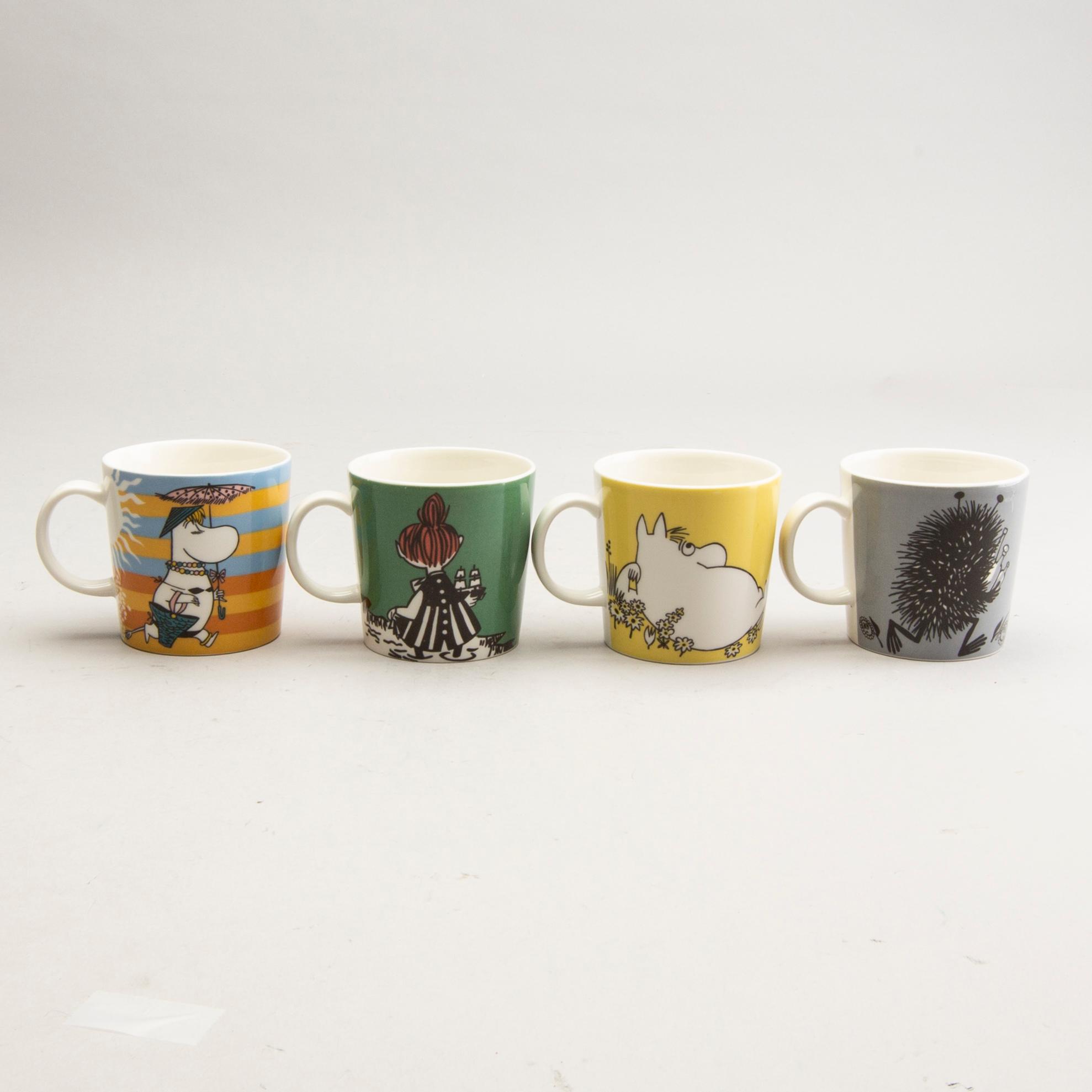 Moomin mugs, four pcs, porcelain, Arabia, Finland, 1990-2001.