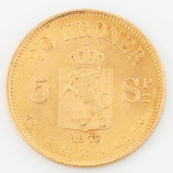 Pendant in gilded silver with two gold coins, 20 kr Oscar II 1875 and 5 rubles Nicholas II 1900.