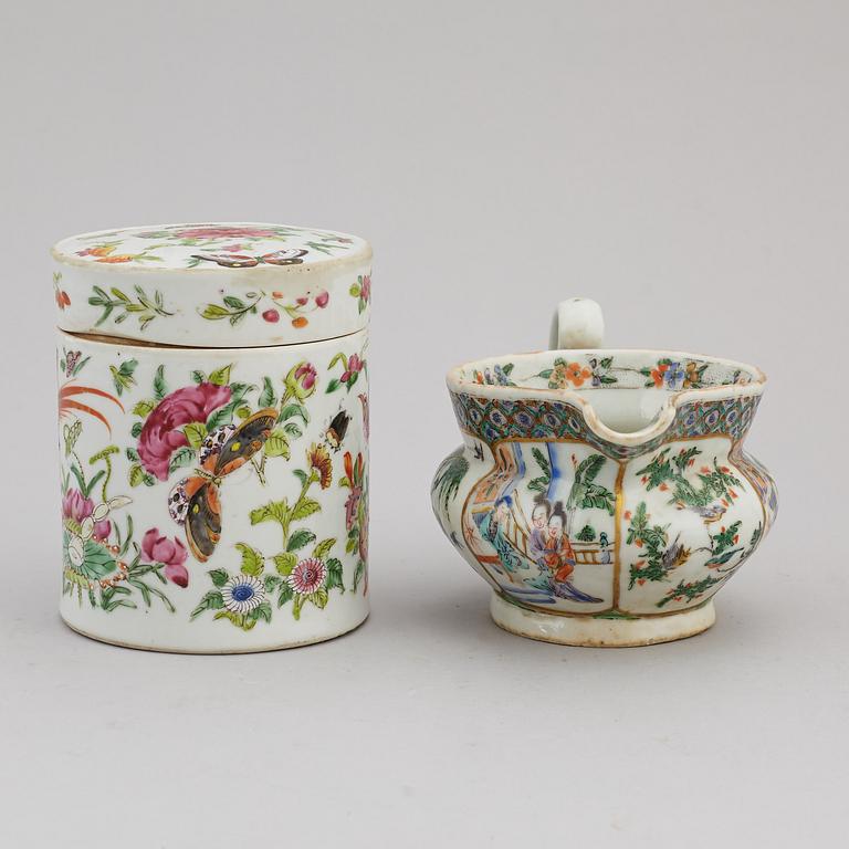 A group of three famille rose dish, jug and jar with cover, Qing dynasty, late 19th century.