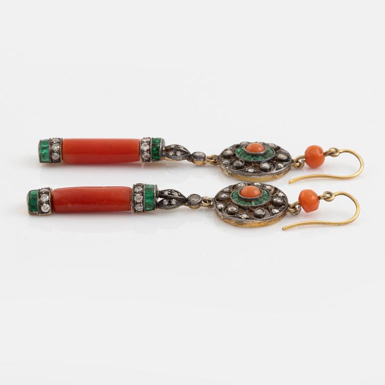 Coral, emerald and rose cut and brilliant cut diamond earrings.