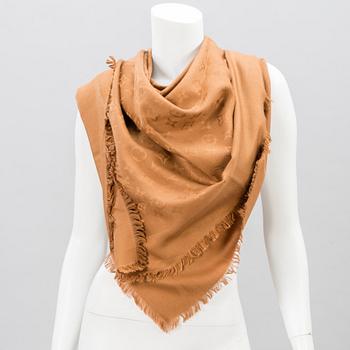 LOUIS VUITTON, MONOGRAM SILK AND WOOL SHAWL.