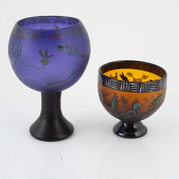 Ulrica Hydman-Vallien, two unique "Juvelglas" glass bowls, Kosta Boda, Sweden.