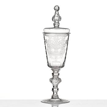 A large Bohemian glass goblet with cover, 18th Century.