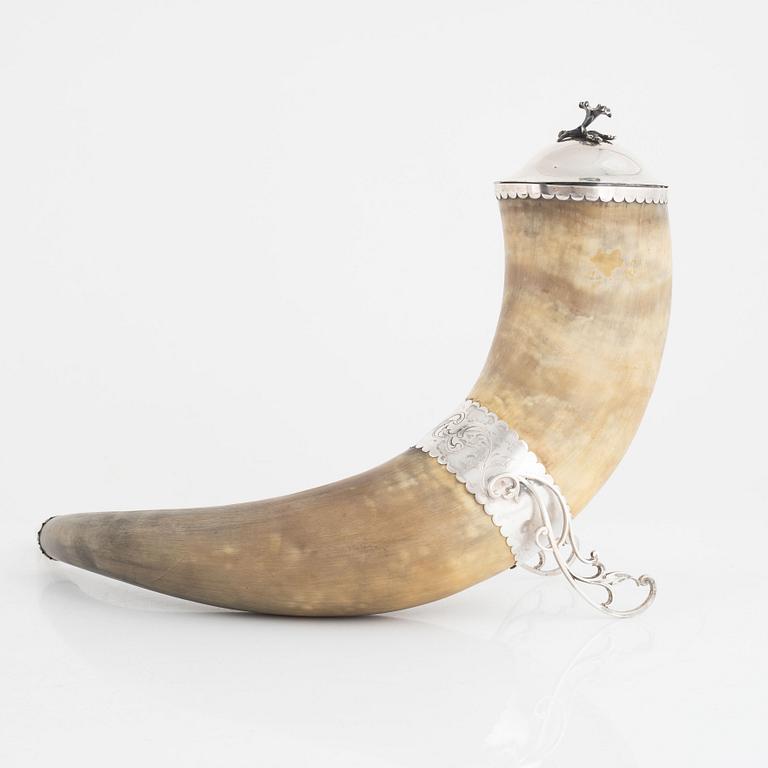 Drinking horn with lid, silver, Per Oskar Fredrik Närman, Mariestad 1876.