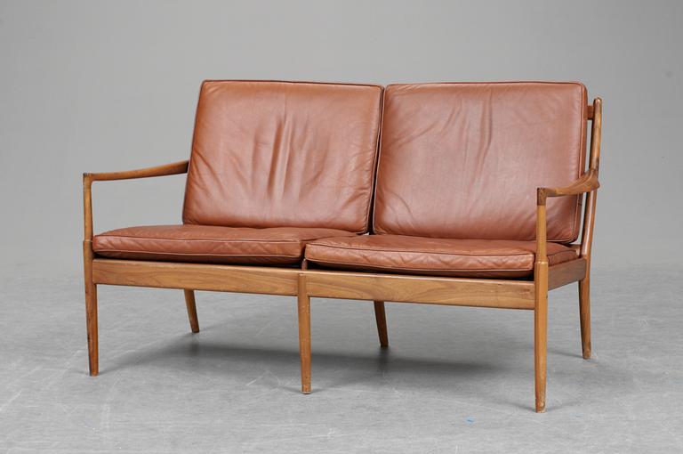 An Ib Kofoed Larsen "Samsö" teak and brown leather sofa, OPE möbler, Sweden.