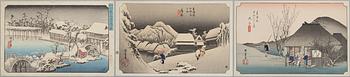 Ando Hiroshige, after, three woodblock prints, 20th century.