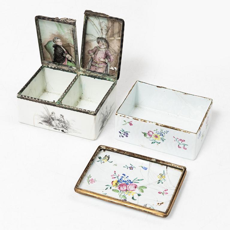 Two enamel boxes, 18th century.
