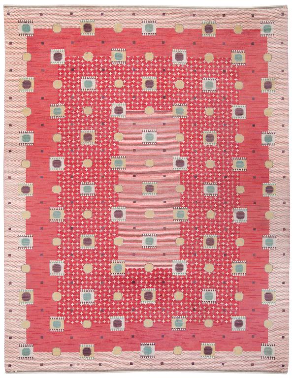 CARPET. "Kullager, röd". Knotted pile. 435 x 327,5 cm. Signed AB MMF BN.