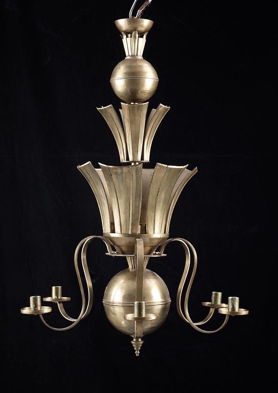 A 1920's-30's brass chandelier, attributed to Knut Hallgren, Stockholm.