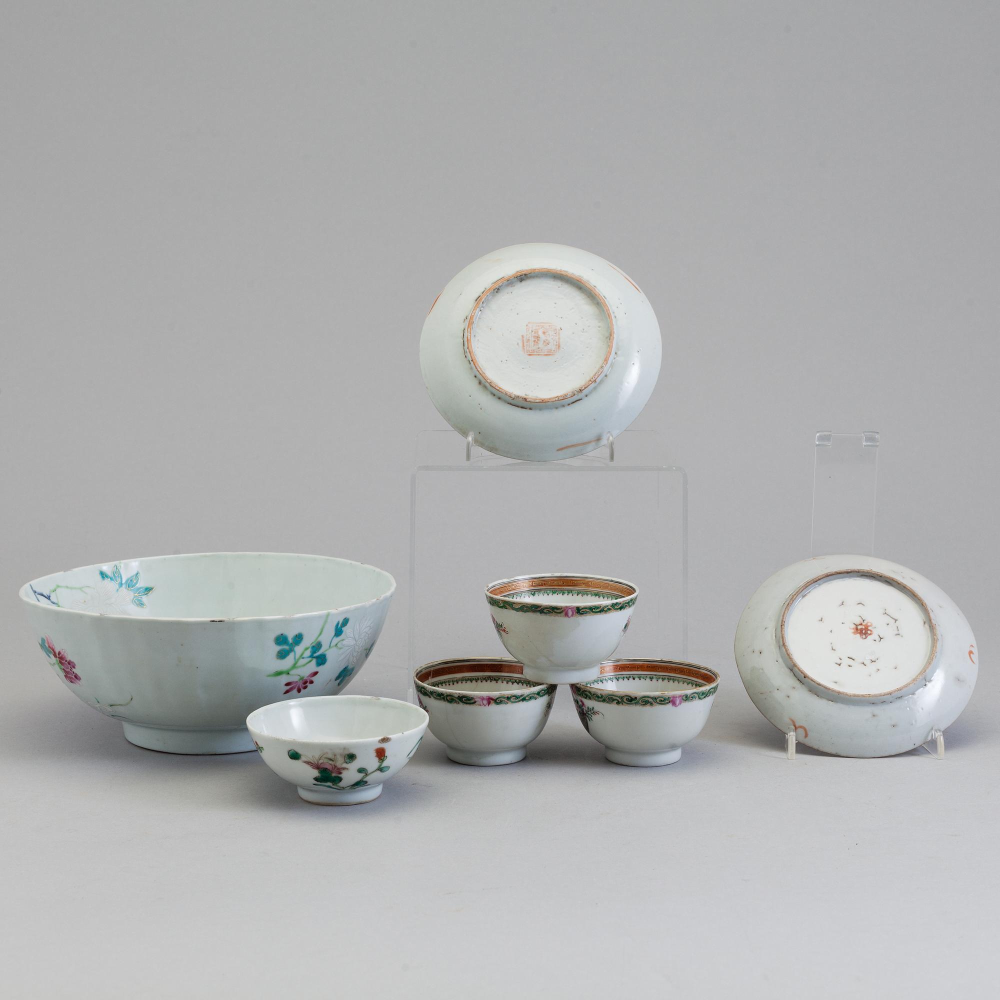 A bowl, two dishes and four porcelain cups, Qing dynasty, 18th and 19th century.