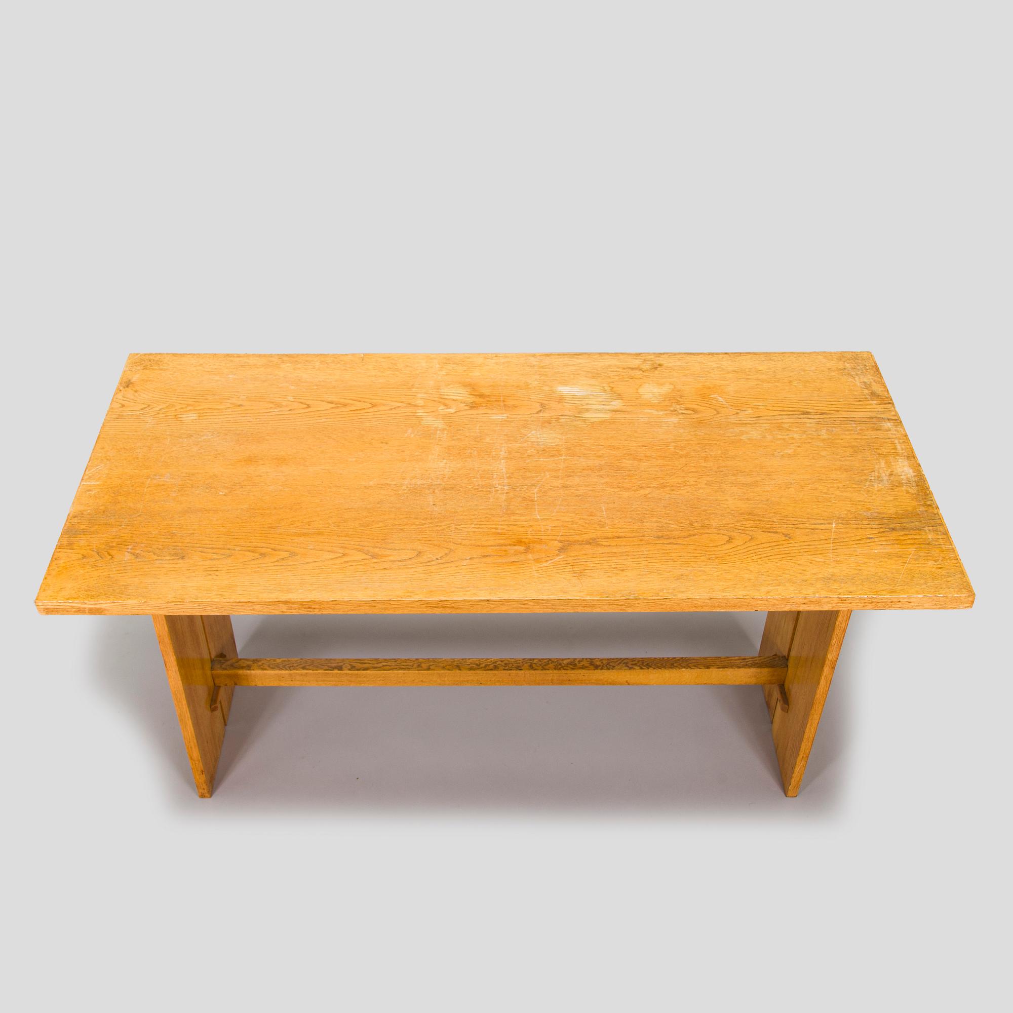 Dining table and two benches, mid-20th century.
