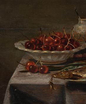 Vincent Laurensz. van der Vinne, Still life with fish, ham, bread, cherries, and glass.
