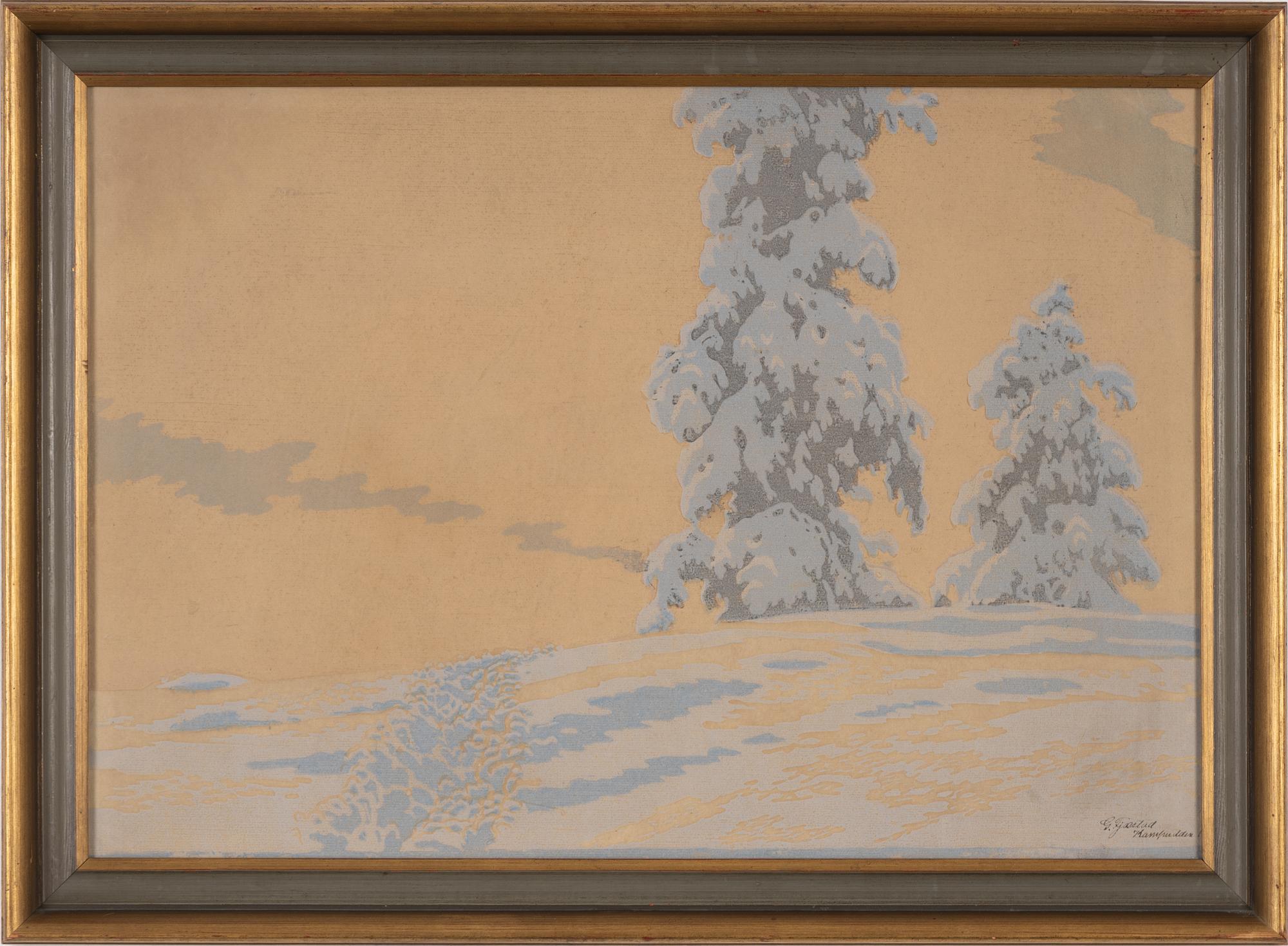 Gustaf Fjaestad, woodcut in colours, signed and dated 19?.