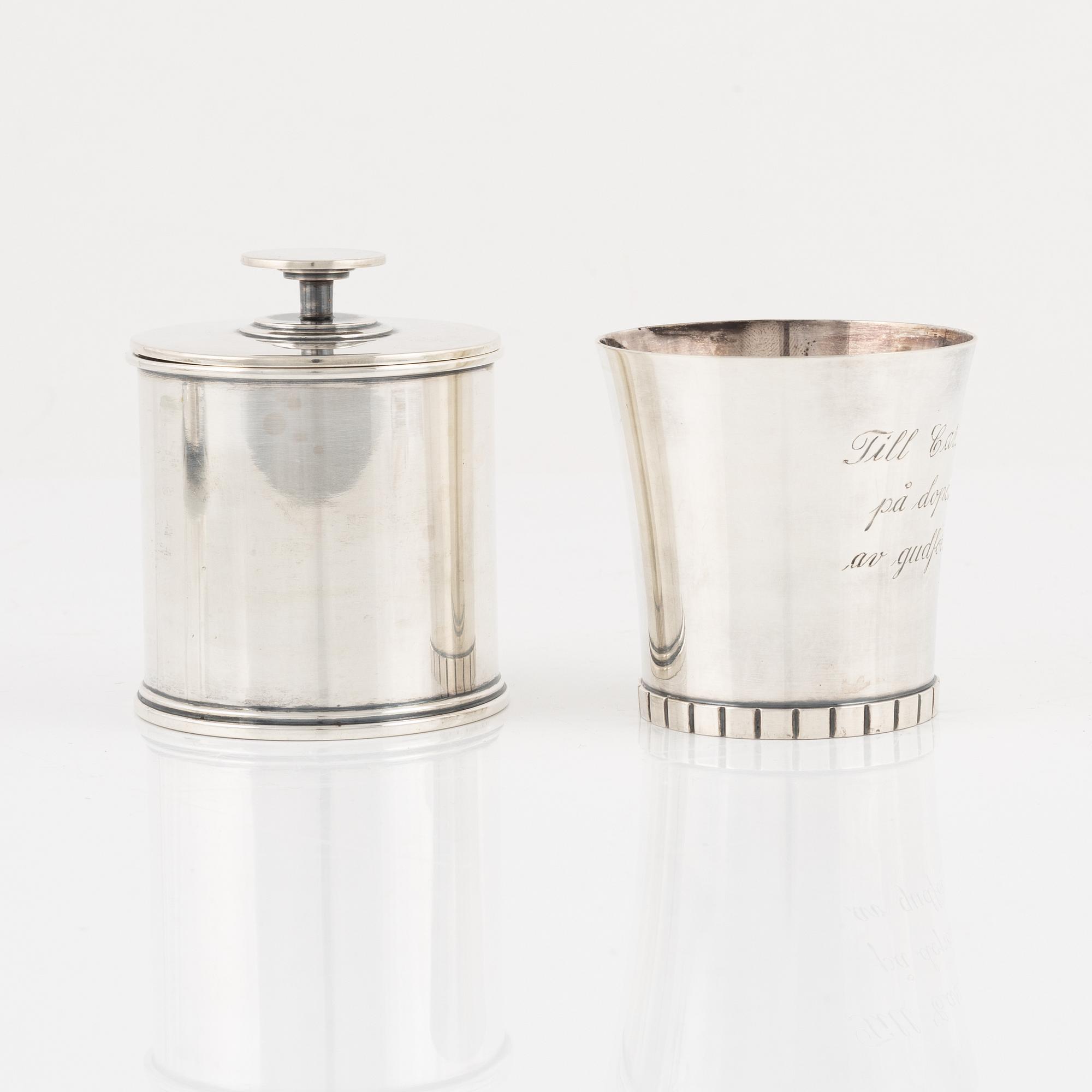 A Swedish silver Bowl, Dish, Beaker and Lided Box.