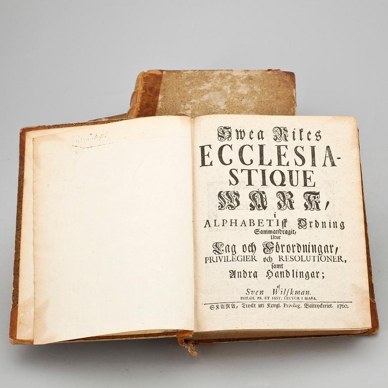 BOK, 3 st, "Swea Rikes Ecclesiastique Werk", Sven Wilkman, Skara, upplagor 1760, 81 samt 82.