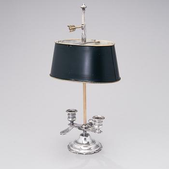 A BOUILOTTTE DOUBLE CANDLESTICK LAMP, silverplated, early 20th century.