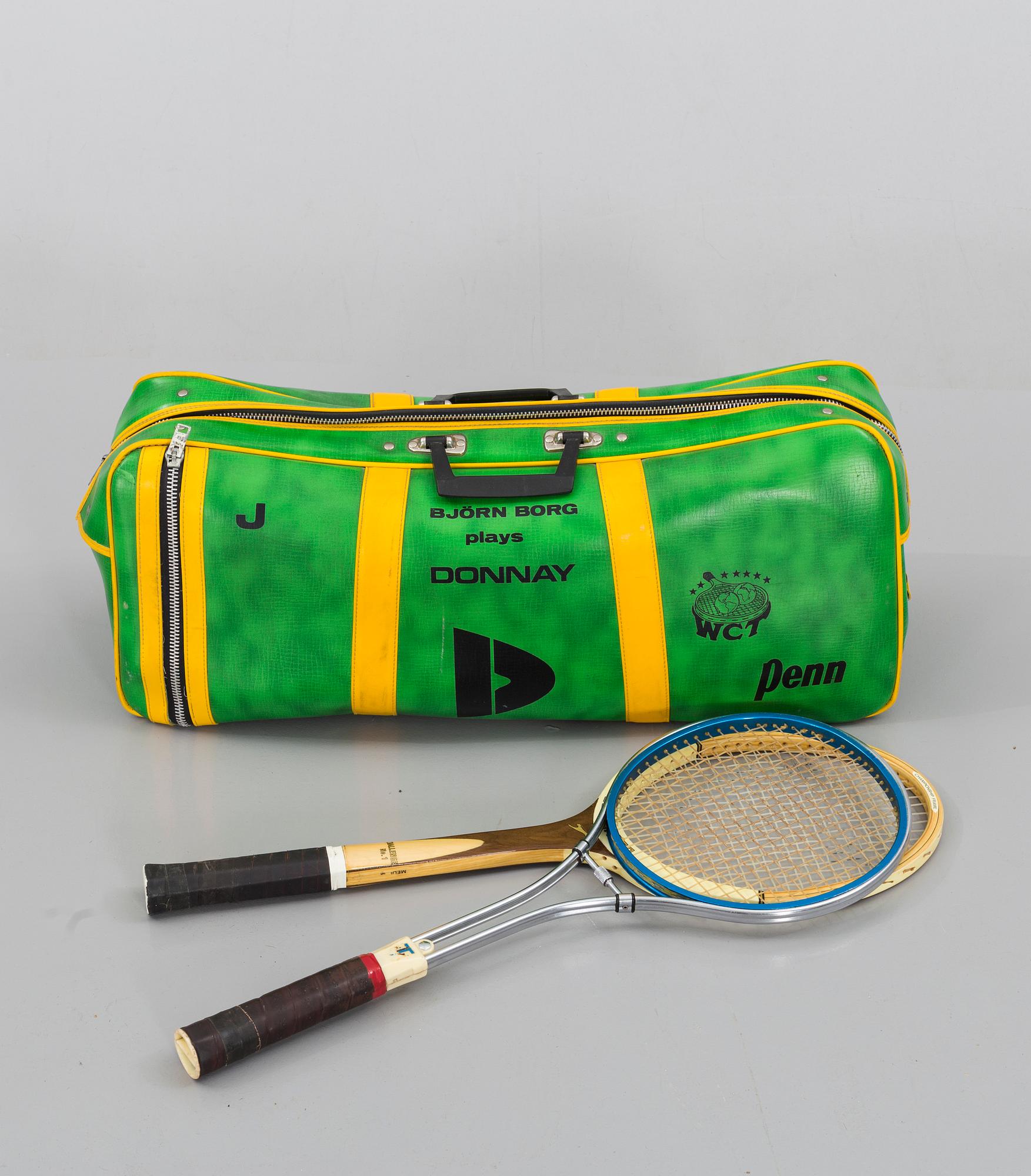 SPORTBAG "BJÖRN BORG PLAYS DONNAY" and two tennis racket, 1970's.