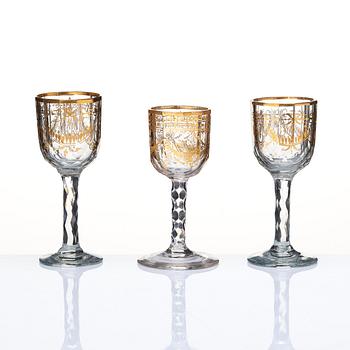 A set of seven cut and gilded glasses, 18th Century.