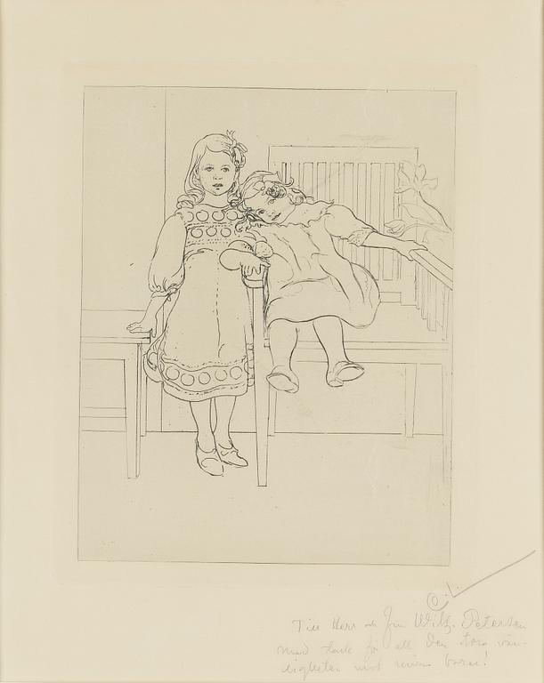 CARL LARSSON, etching, signed C.L. in pencil with dedication. Executed 1909. State 1. Very rare. "Two sisters".