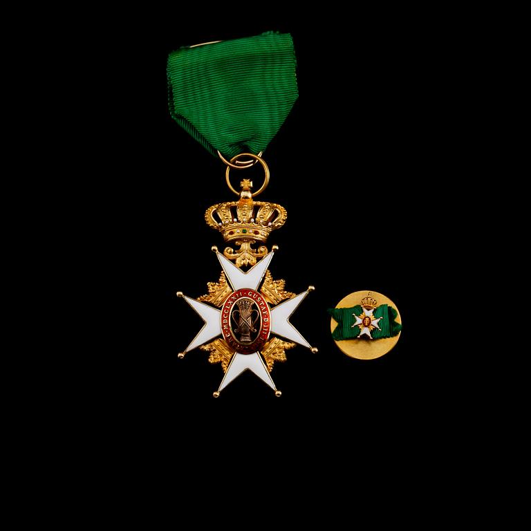 RIDDARTECKEN och MINIATYR, Tecknet i 18k guld och emalj, Vasaorden. Tecknets totala vikt 19 g.