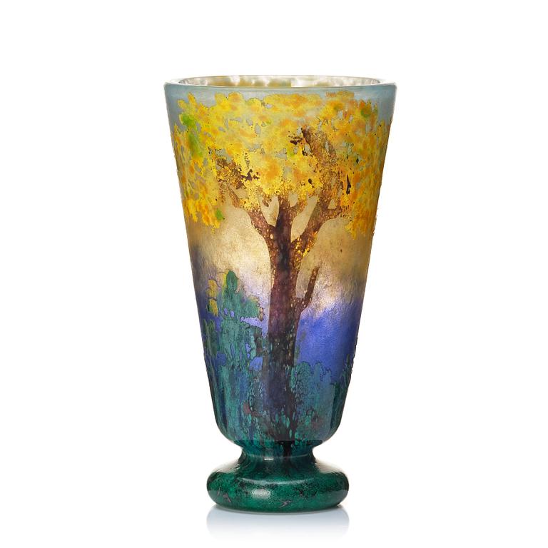 an art Nouveau cameo glass vase with autumn trees, Nancy, France.