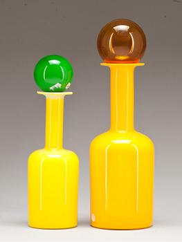 FLASKA med PROPP, 2 st, glas, Holmegaard, Danmark, 1900-talets mitt/andra hälft.