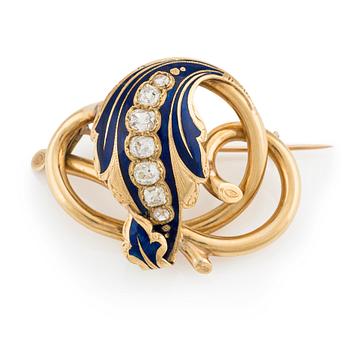564. An 18K gold brooch  with enamel details and old-cut diamonds, 19th century.