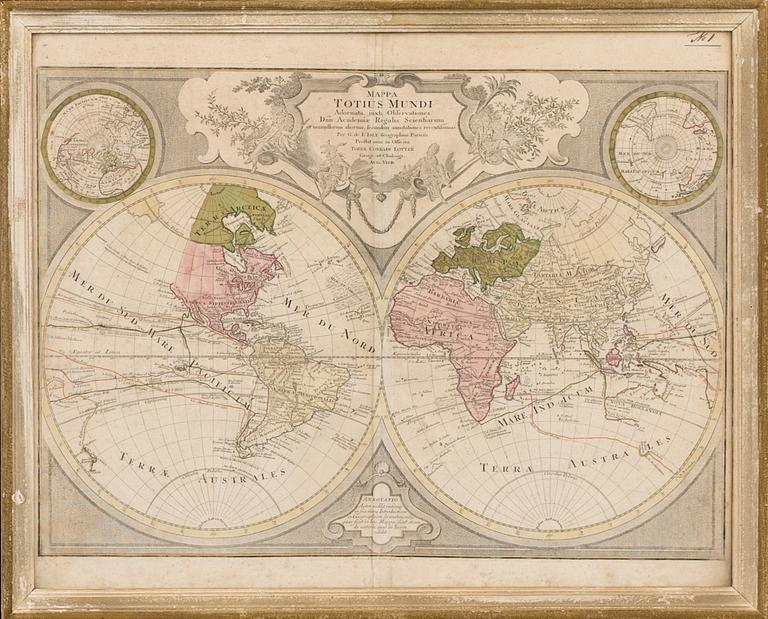 MAP, "Mappa Totius Mundi Adornata juxta..." Tobias Lotter ca 1770.