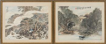 He Zhengxi (1873-1944), 'Landscape with Water Buffalos' and 'Landscape with Crane and Scholar'.