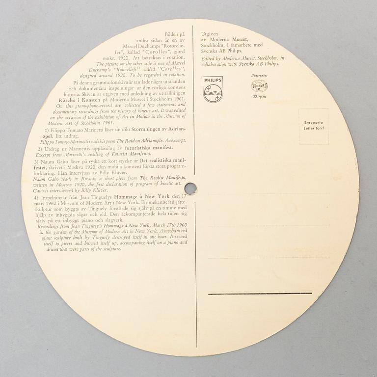 MARCEL DUCHAMP, after, "Corolles", audio disc, for Museum of modern art, Stockholm, 1961.