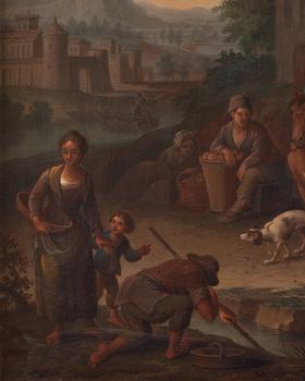 Dutch master, 18Th Century, Landscape with figures and buildings.