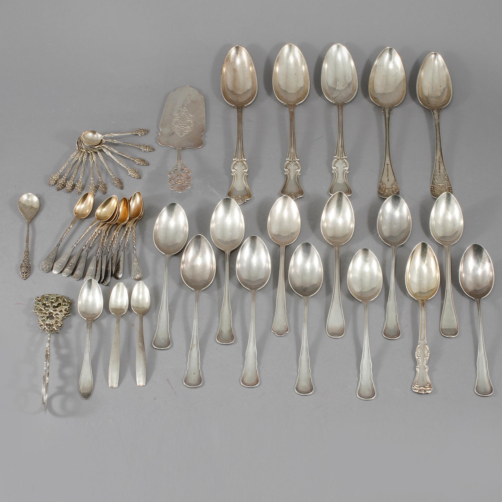 PARTI SILVER, 45 delar, mestadels Sverige, 1800-talets andra hälft- 1900-talets andra hälft, vikt ca 1140 g.