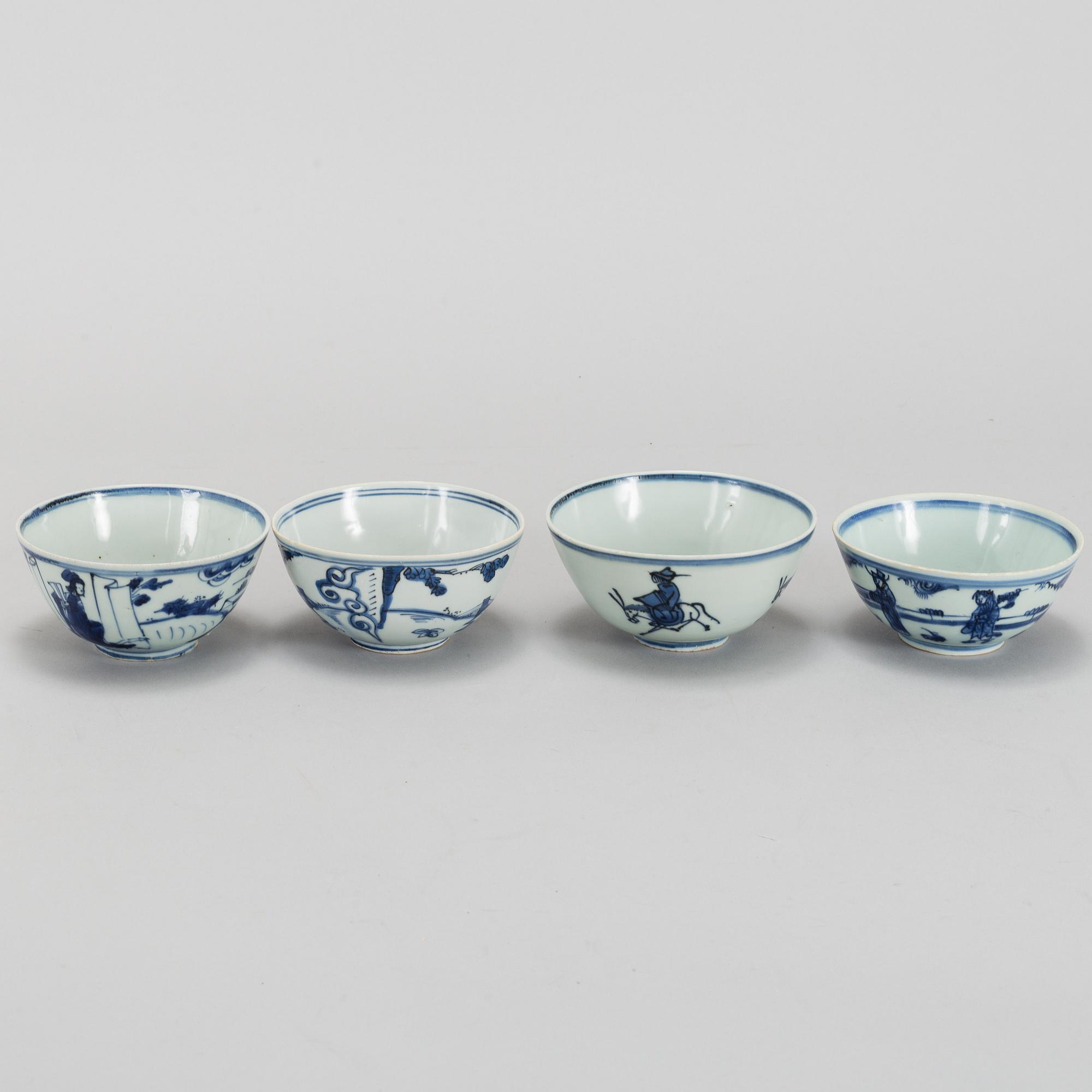 A group of four blue and white bowls, Ming dynasty (1368-1644).
