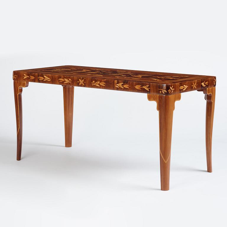 Carl Malmsten, a richly inlayed table, executed by master cabinet maker Albin Johansson, Stockholm 1938.