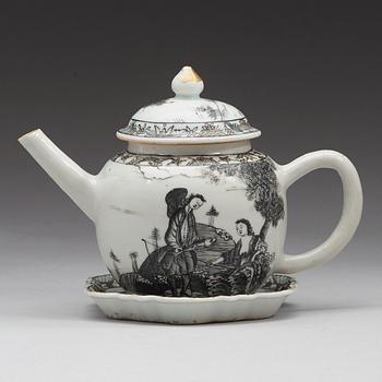 TEKANNA med LOCK och FAT, kompaniporslin. Qingdynastin, Qianlong (1736-95).