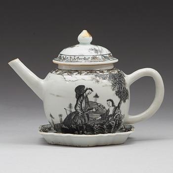 A grisaille 'European Subject' tea pot with cover and stand, Qing dynasty, Qianlong (1736-95).