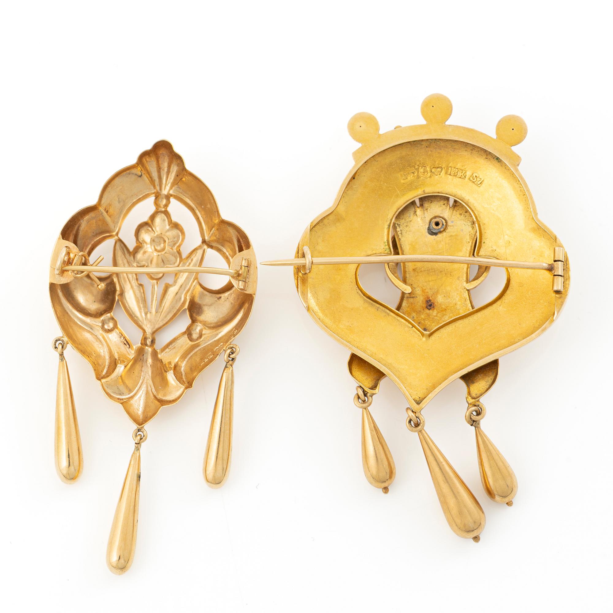 Two brooches, 18K gold with seed pearls.