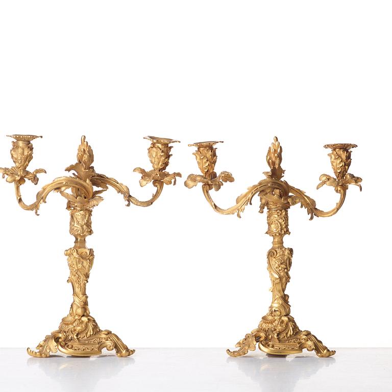 A pair of Neo-Rococo 1840's two-light gilt bronze candelabra.