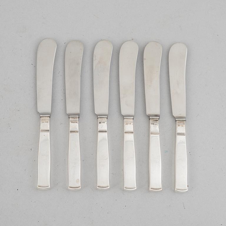 Jacob Ängman, six silver butter knives, model 'Rosenholm', GAB, Stockholm 1951-57.