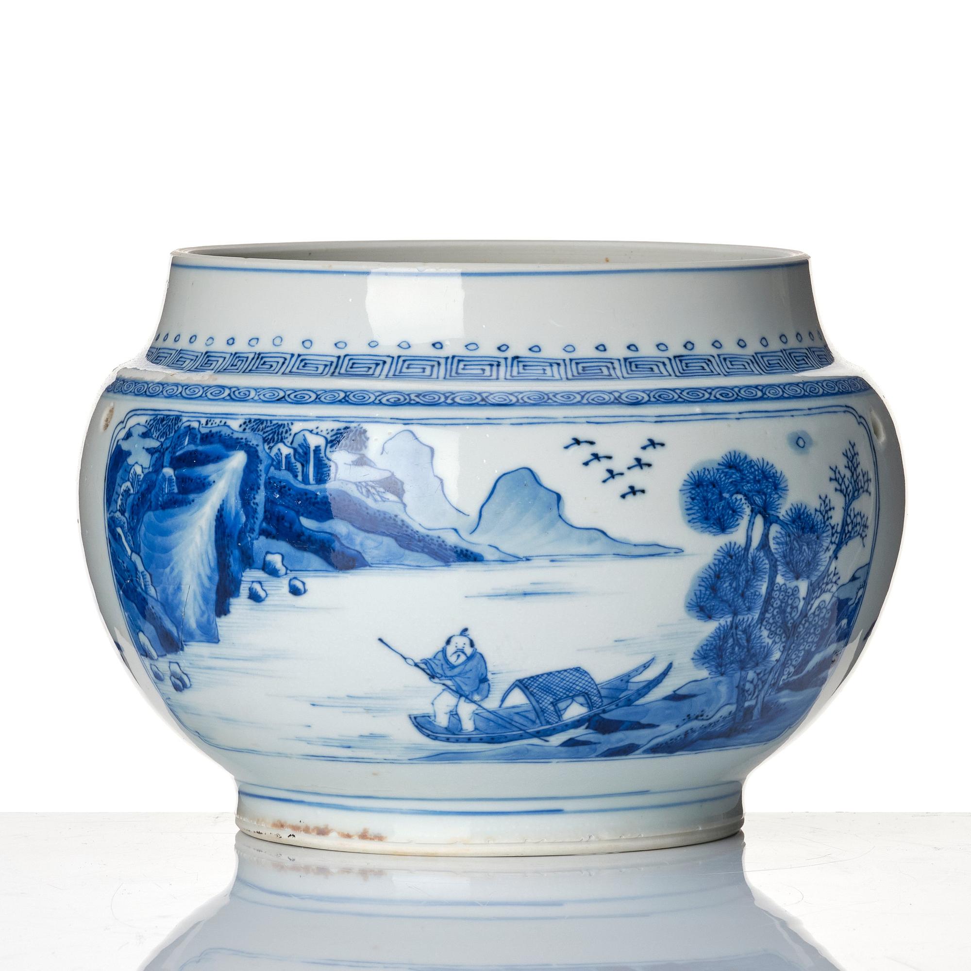 A blue and white pot, Qing dynasty, Kangxi (1662-1722) with mark and of the period.