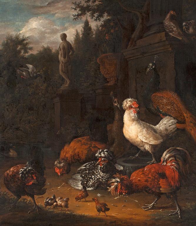 Melchior de Hondecoeter Circle of, Hens in a garden.