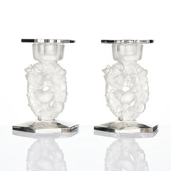 René Lalique, a pair of “Mésanges” cast glass candlesticks, France, post-1943.