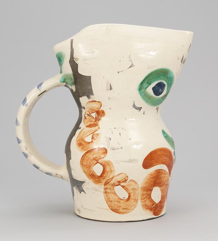 A Pablo Picasso faience jug, ´Visage aux cercles´, Madoura, Vallauris, France 1969.