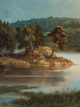 Karl XV, Sunlit landscape with a lake and farm house.