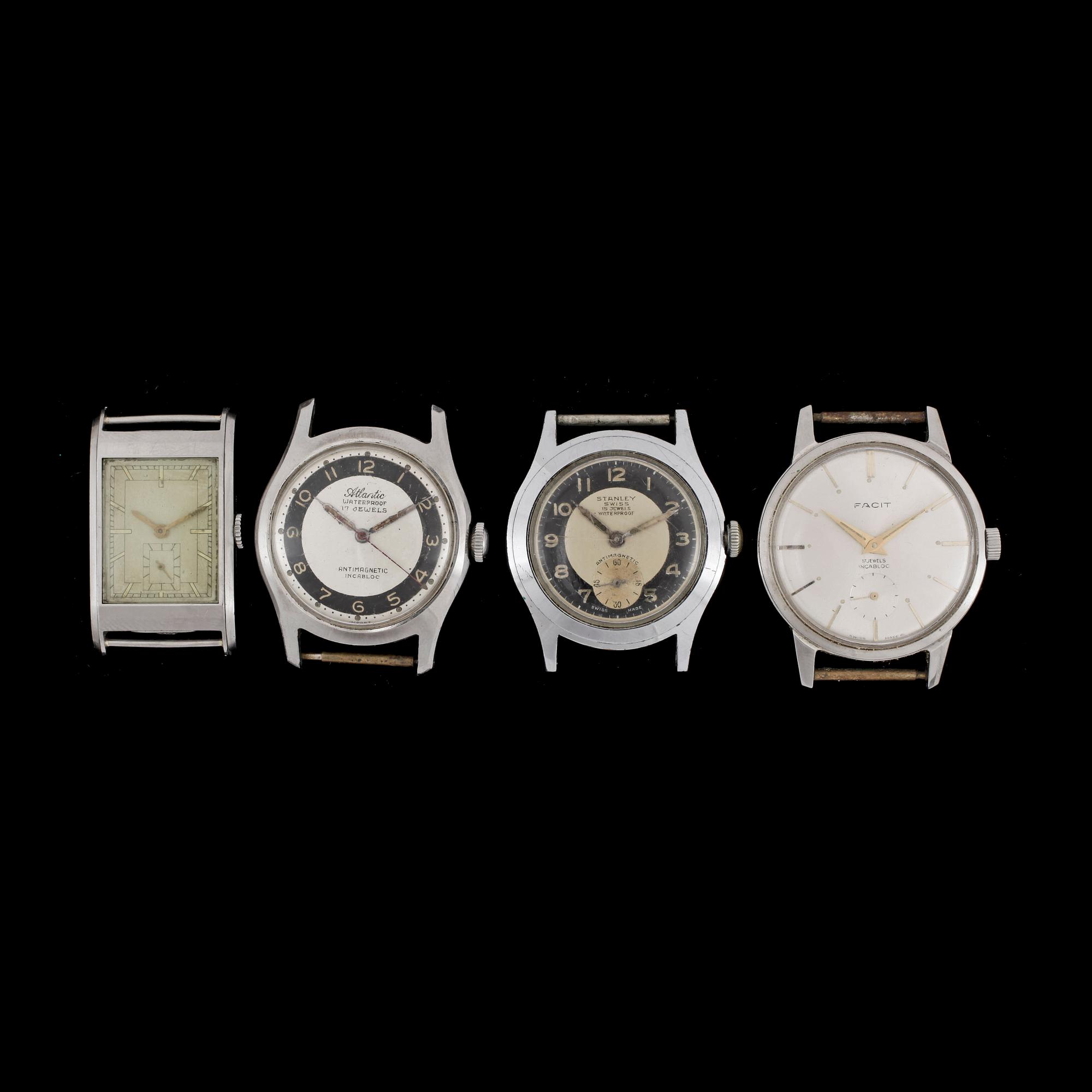ARMBANDSUR, 4st, bla Facit, Atlantic, Stanley, 1930-50-tal.
