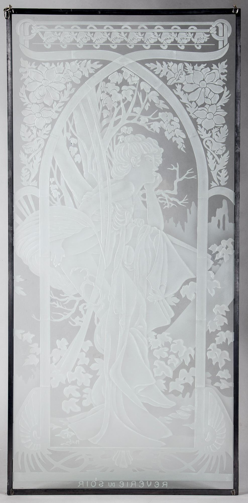 a glass window decor after Alphonse Mucha, 20th century.