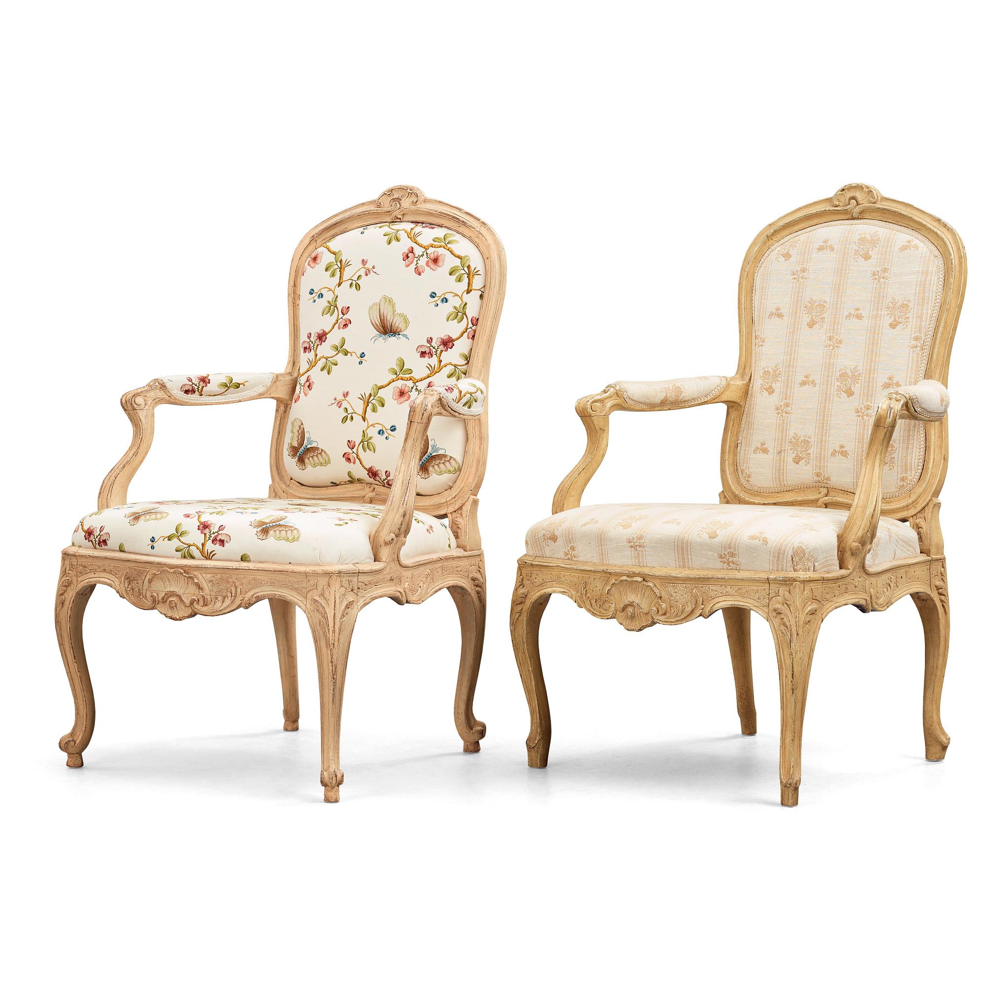 Two matched Swedish Rococo 18th century armchairs.