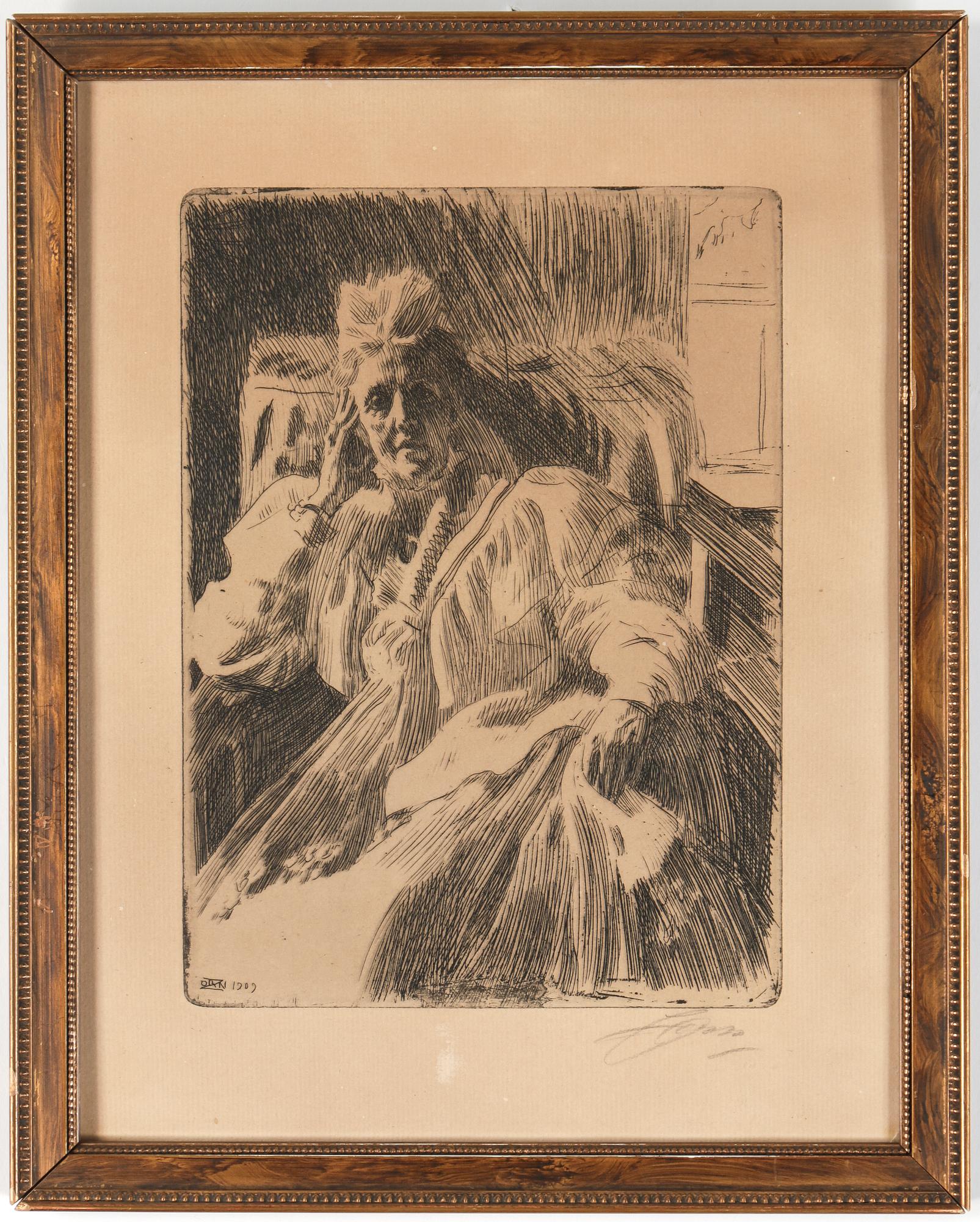 ANDERS ZORN, etsning, "Änkedrottning Sophia", utförd 1909, signerad i blyerts.