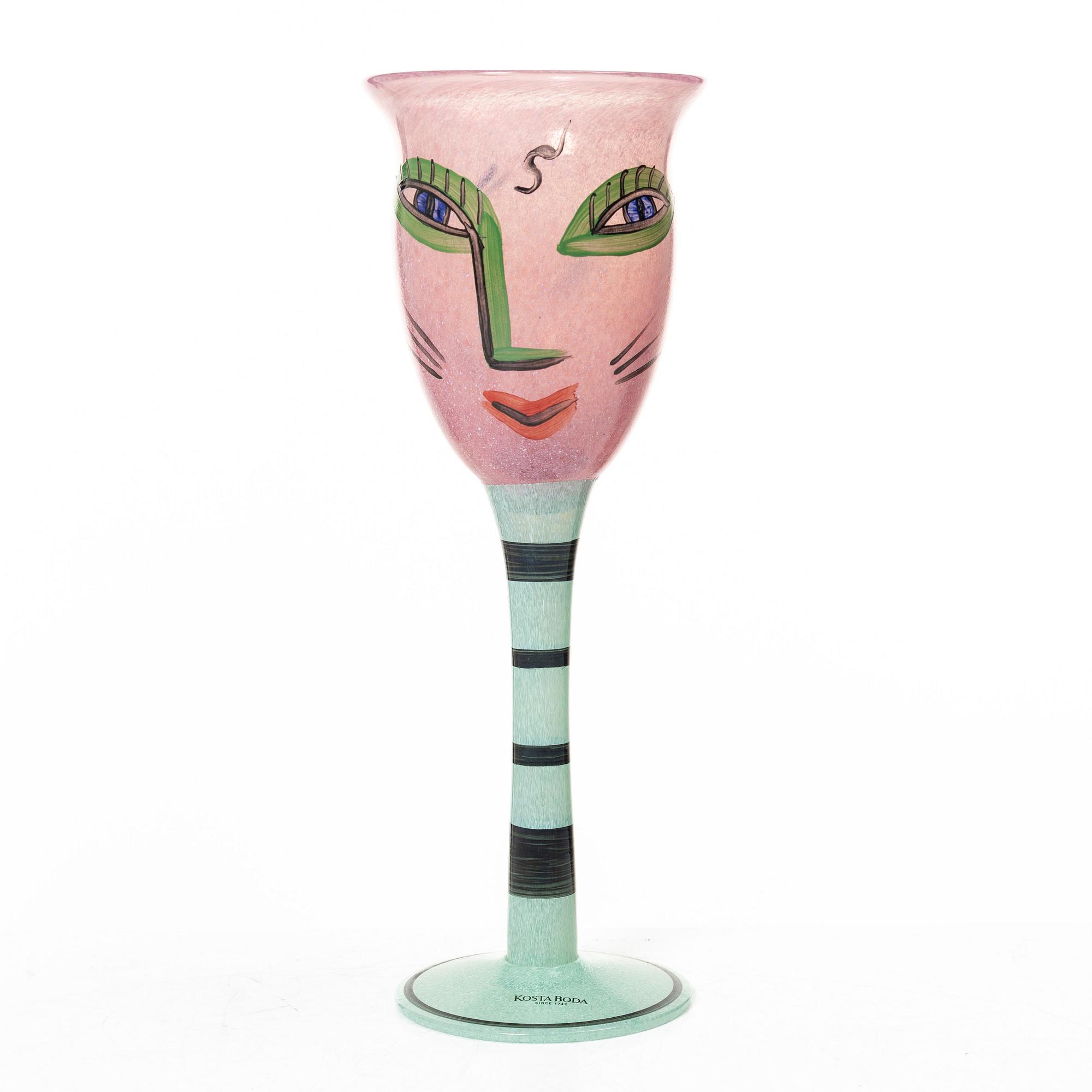 Ulrica Hydman-Vallien, eight 'Open Minds' wine glasses, Kosta Boda Artist Collection.
